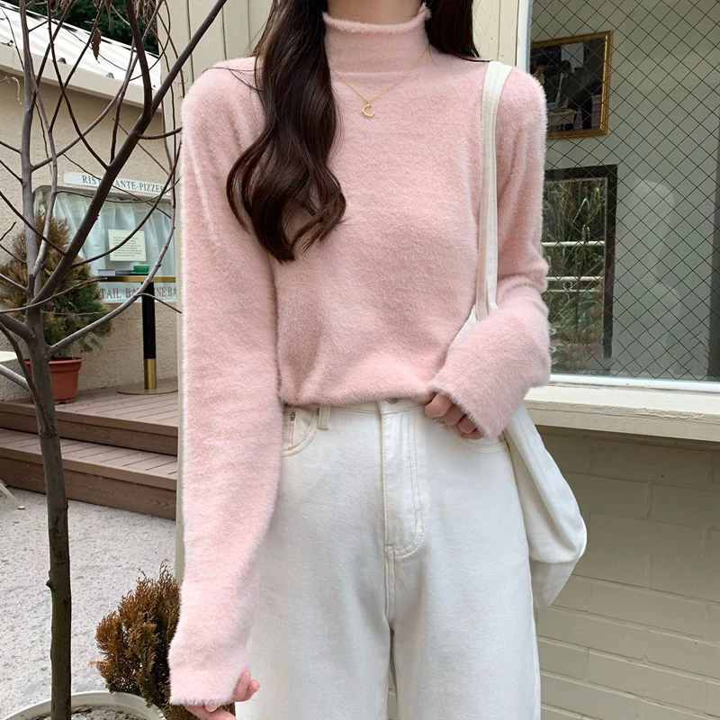 Solid Color Half Turtleneck Casual Basic Tops Women Velvet Knitted Sweater