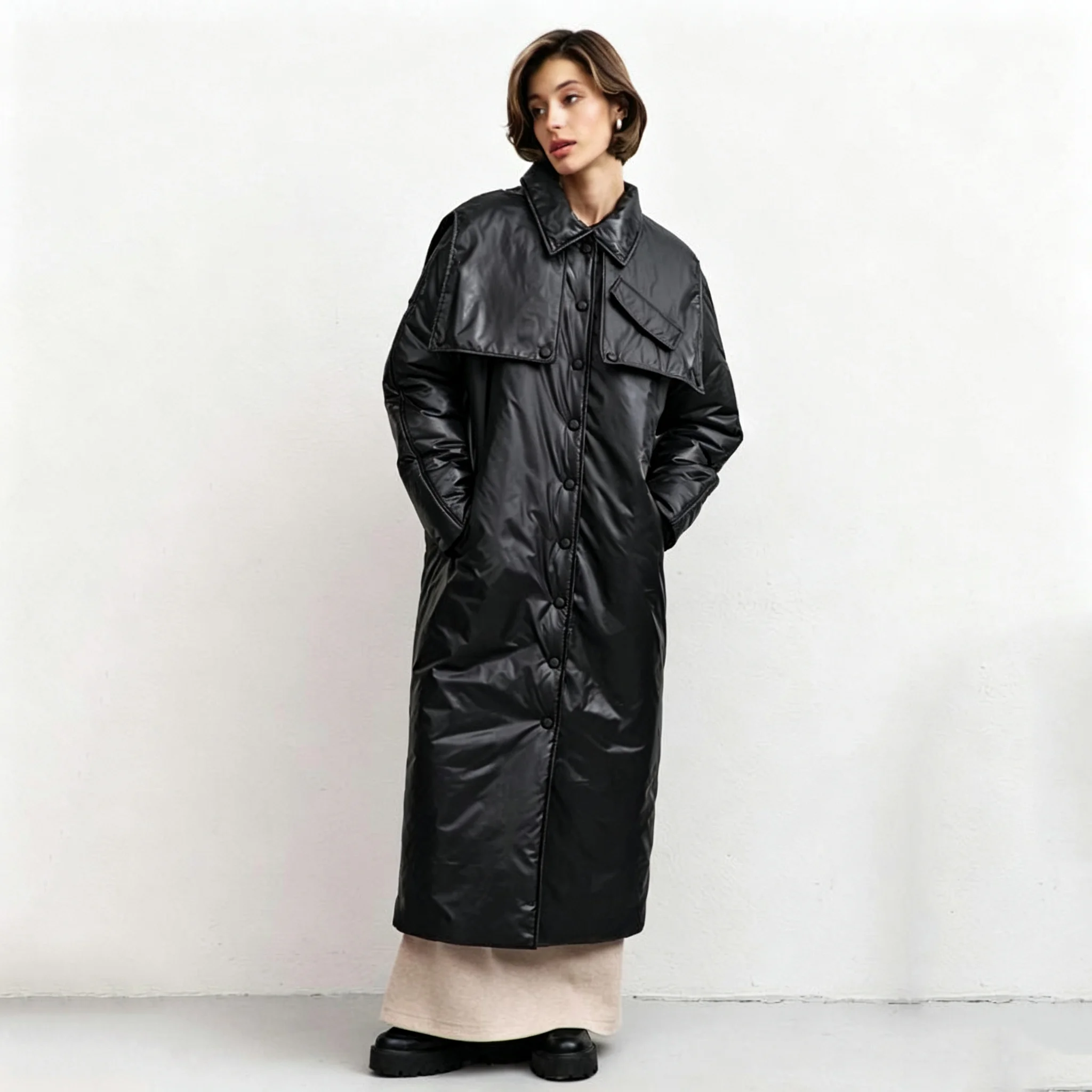 RU Women Long Puffer Coat Lapel Collar Cape Shoulder Snap Button Loose Pockets Autumn Winter Urban Warm Outerwear Jacket