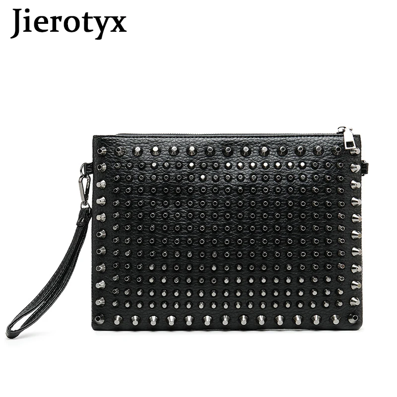 JIEROTYX Evening Clutch Bags for Women Luxury Brand Punk Rock Style Rivet Shoulder Envelope Bag Unisex Black Leather Handbags