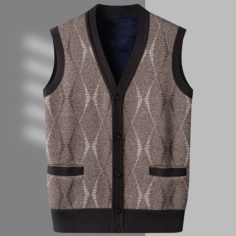V-Neck Sleeveless Mens Vest Sweater Men Winter Fleece Tank Tops Classic Business Gentleman Knitwear Knitted Waistcoat MY1095