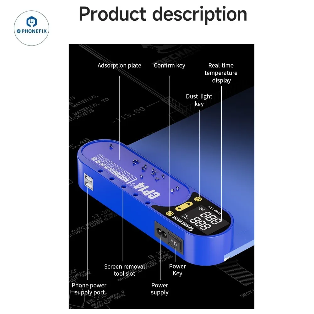 Separador de pantalla LCD mecánico CP14 +, luz LED de detección de polvo, almohadilla de silicona de calentamiento rápido de doble capa, herramienta de reparación de teléfonos móviles