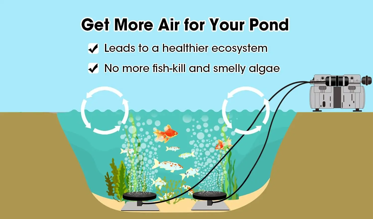 HQUA PAS20 Pond & Lake Aeration System for Up to 3 Acre, 3/4 HP Compressor + Two 100' Weighted Tubing + 2 Diffusers