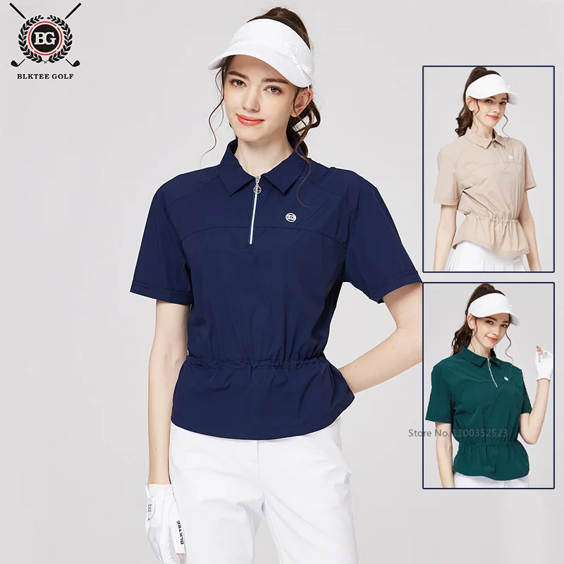 BG Women Zipper Collar Golf Shirt Short Sleeve Summer Quick-dry Golf Tops Waist Cinched Ladies Sports T-Shirt Golf Apparel