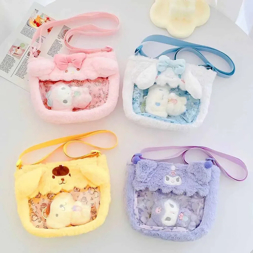 Kawaii Lolita Sanrio Plush Messenger Bag Kuromi My Melody Cinnamoroll Purin Transparent Jelly Bags Kids Girl Birthday Gifts