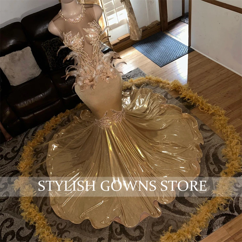 Gold O Neck Long Prom Dresses For Black Girls Bead Crystal Appliques 2024 Birthday Luxury Dress Feather Evening Gown Customized