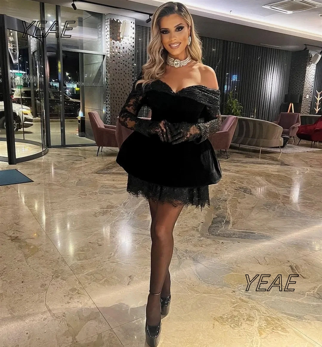 

Santorini Vestidos Des Cocktail Dresses Off Shoulder Lace Edge Night Club Party Special Banquet Gown Black Short/Mini Prom Dress