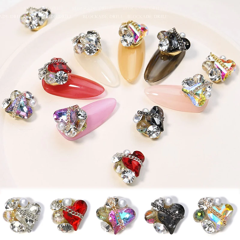 3PCS Blocking Love Heart Nail Charms Rhinestones Luxury Alloy Nails Art Decoration Chain Crystal Gem Stone Jewelry Accessories