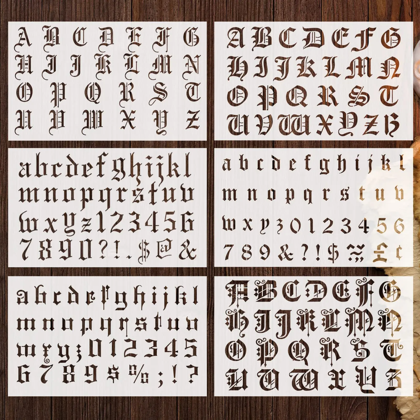 Gothic Calligraphy Stencil, 6-Pack Reusable Old English Letter Number Template for DIY Painting, Craft, Scrapbooking