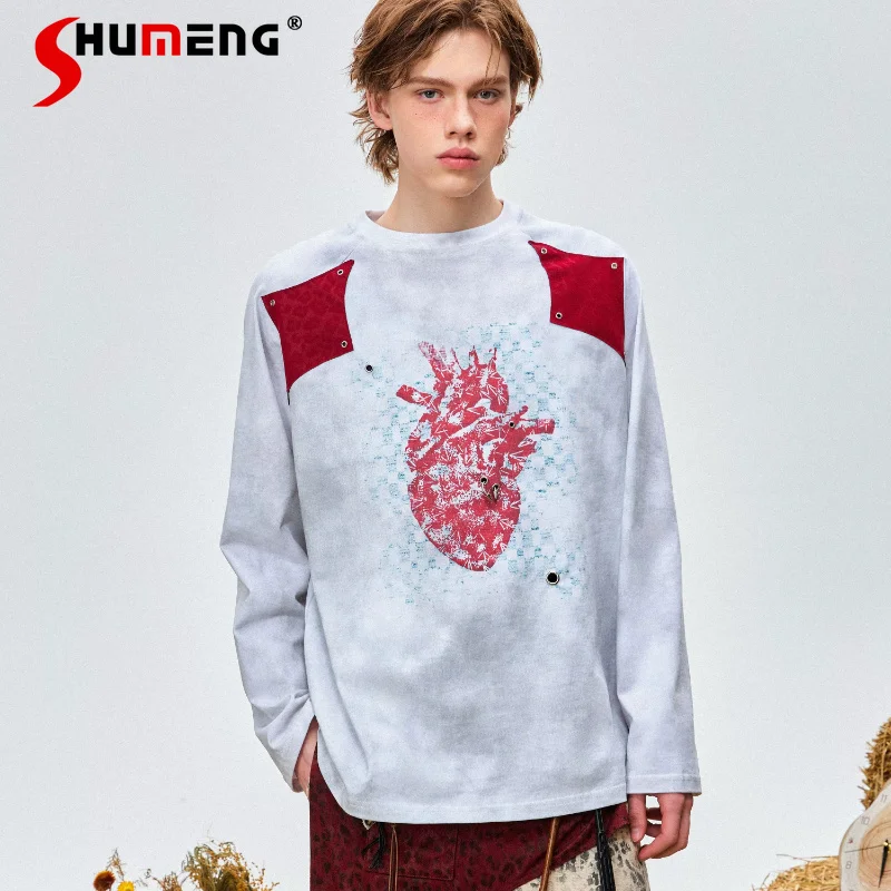 

2026 Men's Spring New Trendy High Street Print Long-sleeve T-shirts Contrast Color Cotton Chic Tops Male Stylish Round Neck Tees