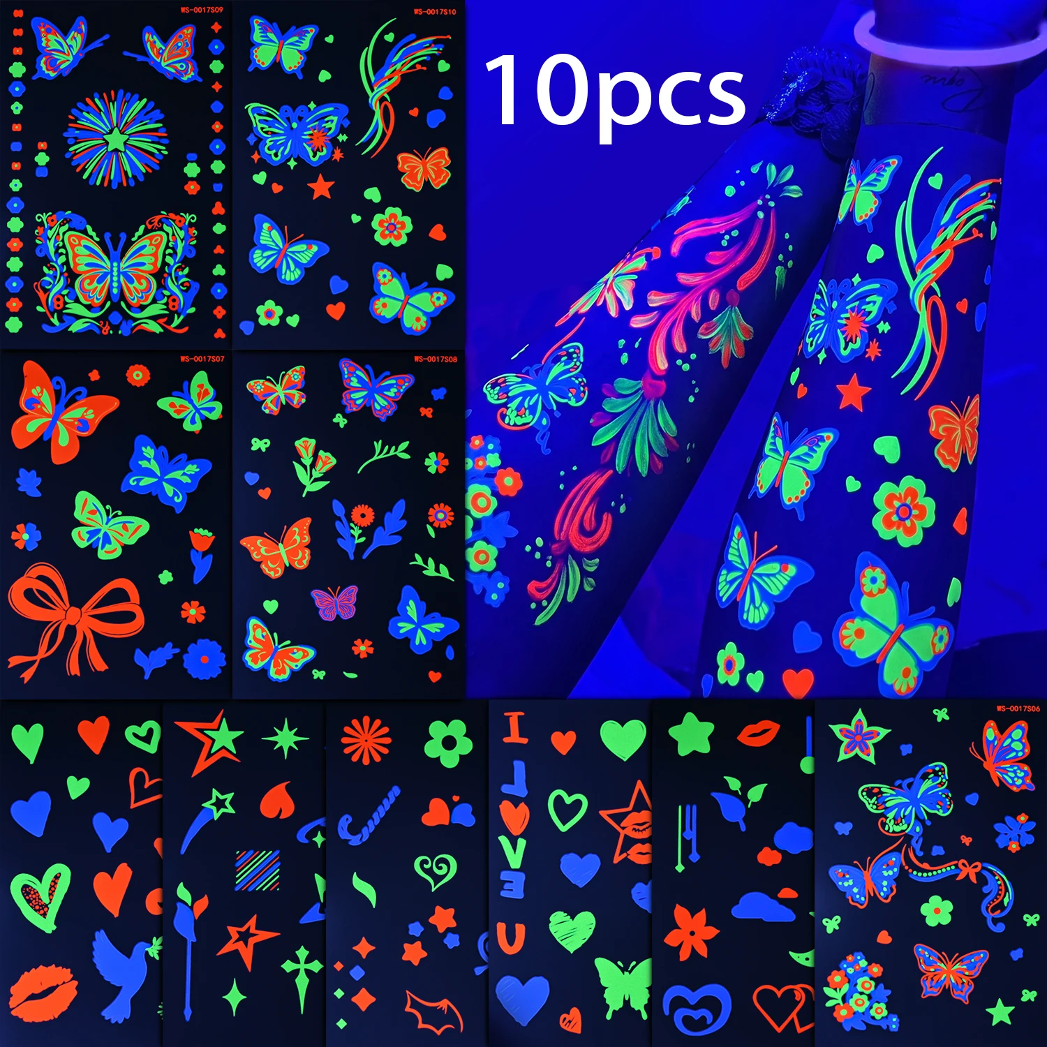 10 autocollants de tatouages temporaires néon UV, motifs variés (papillon, nœud, fleur, étoile, cœur), pour décorer le corps lors de festivals de musique et de soirées en club. 1