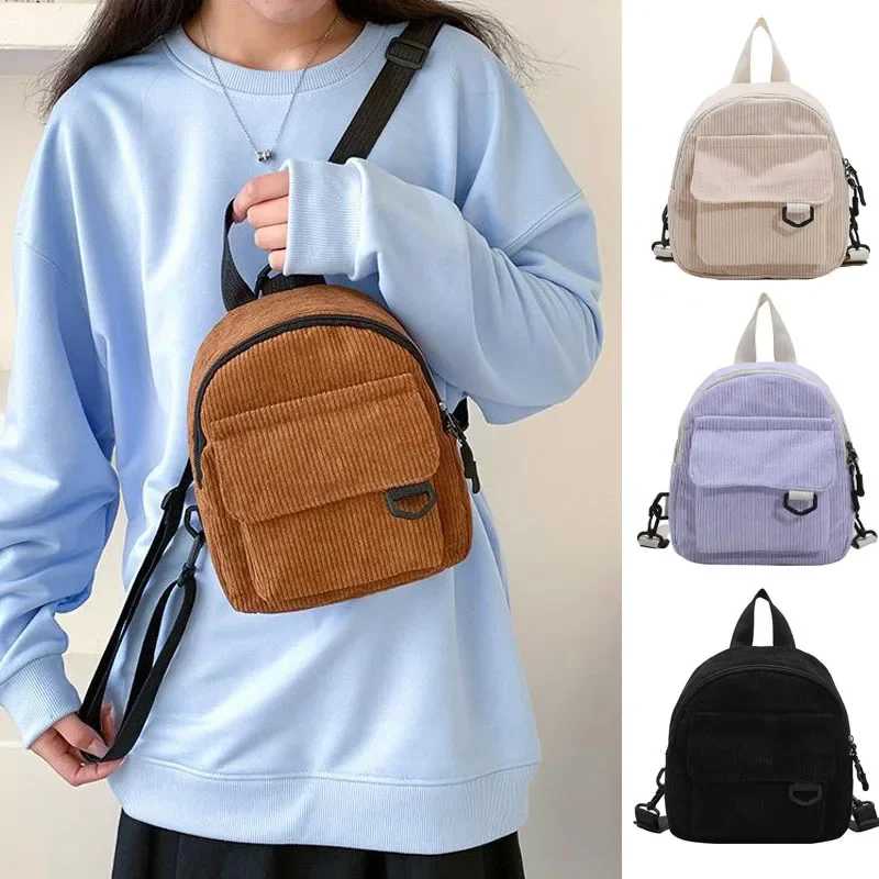 Mini Backpack Solid Color Corduroy Small Backpacks Simple Casual Student Bookbags Traveling Rucksack Fashion Women Soulder Bag