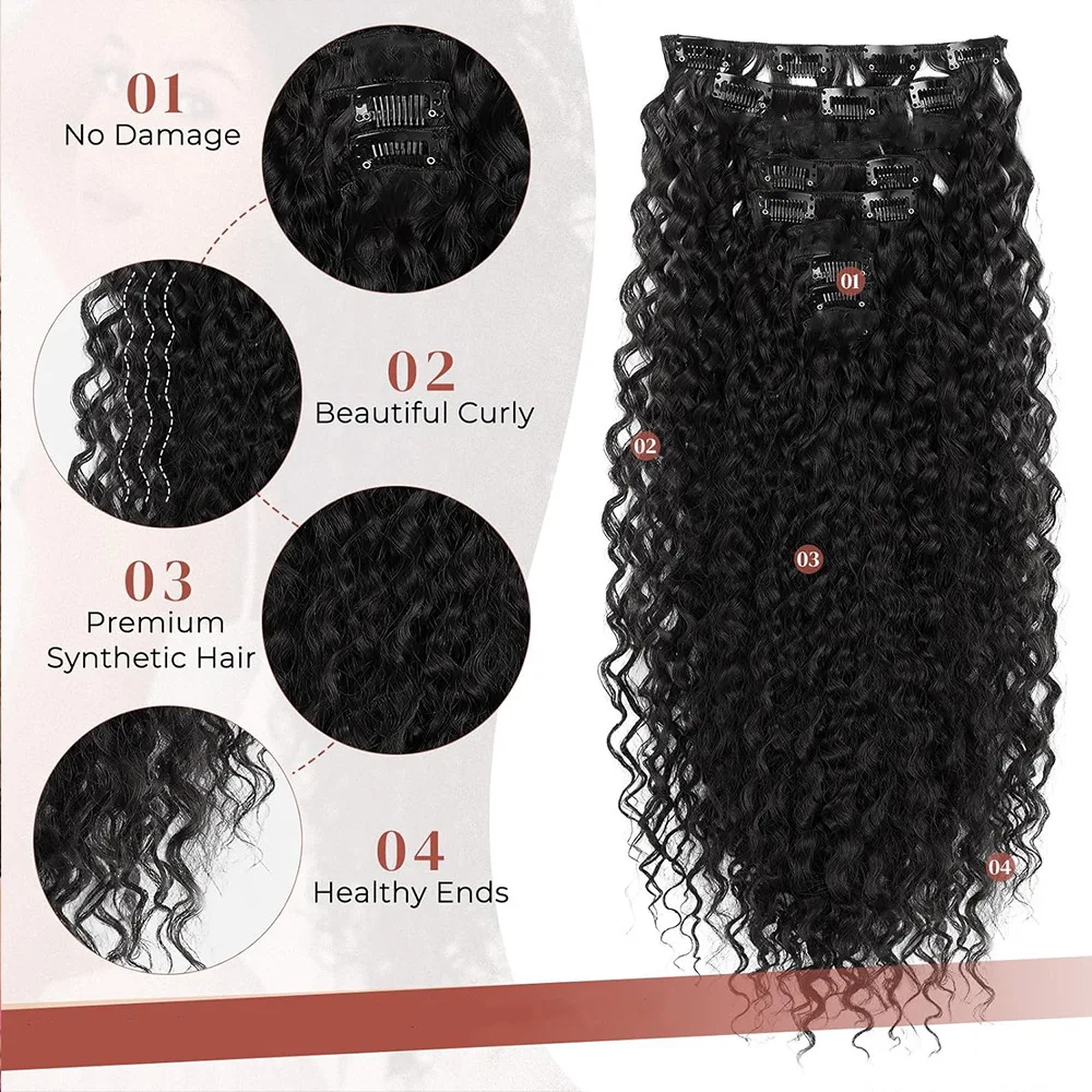 Synthetic Kinky Curly Clip In Hair Extensions Full Head Fake Pieces Black Brown Hair Extensions Suitable For Women To Wear