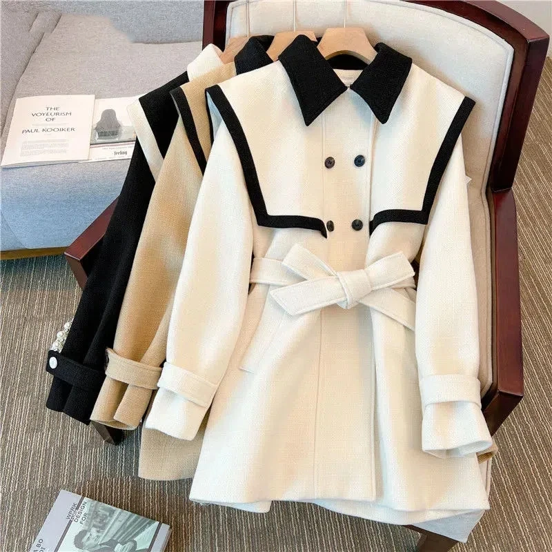 2023 Autumn/Winter Lady High End Small Figure Design Sense Small Navy Collar Double Breasted Lace Up Waist Wrap Outcoat Women