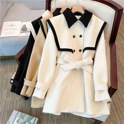 2023 Autumn/Winter Lady High End Small Figure Design Sense Small Navy Collar Double Breasted Lace Up Waist Wrap Outcoat Women