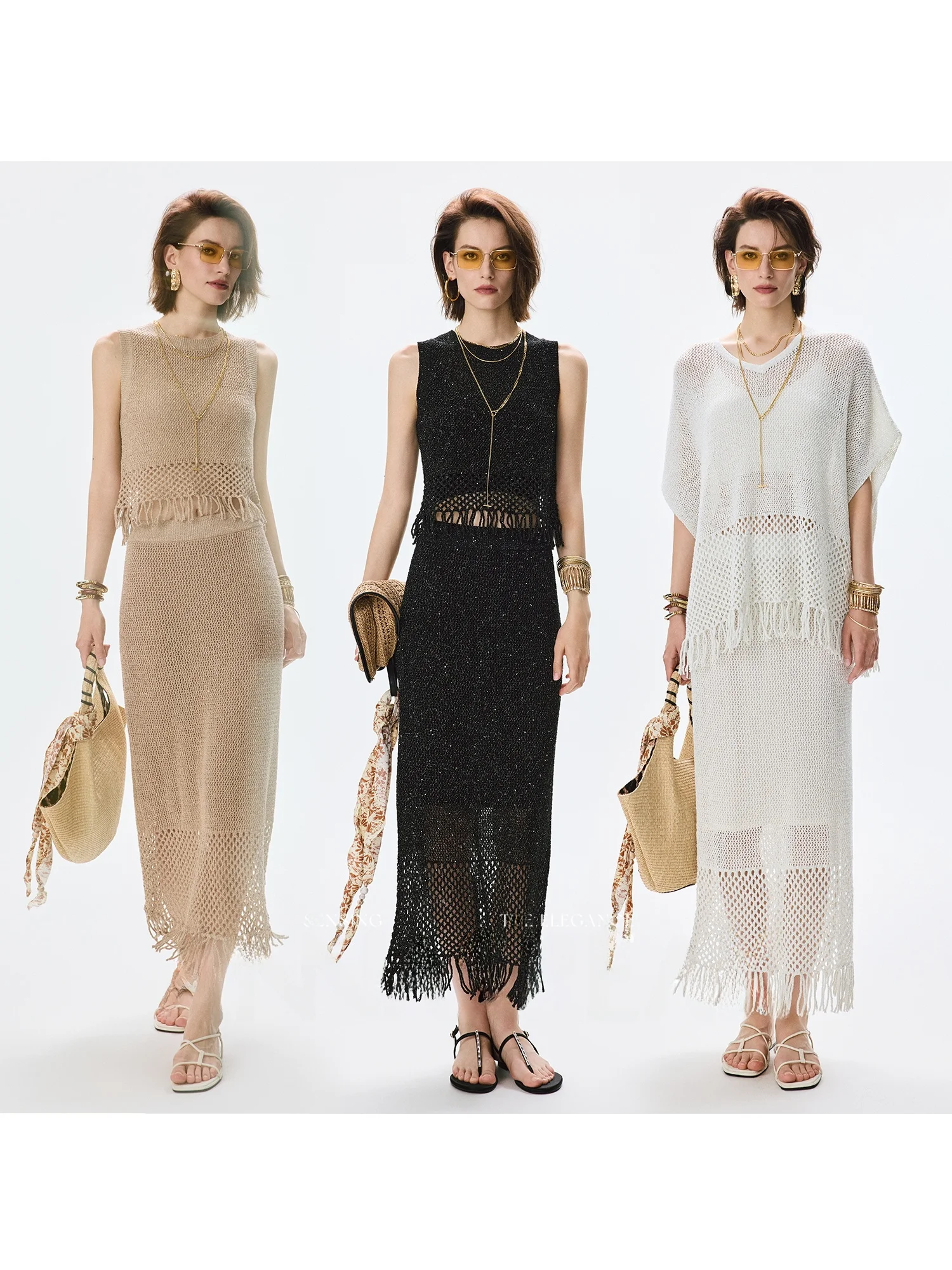 

AnnaSpeak Galaxy Starlight Tassel Knitted Hollow out 3D Top Skirt Set Glittering Sequins Casual Slim Fit Summer Women's Outfit