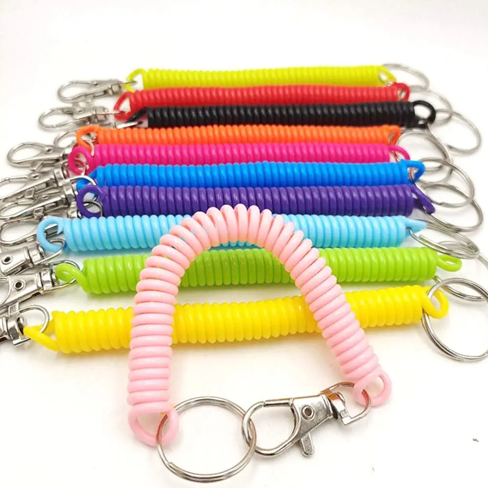 Wristband Spring Lanyard Metal Carabiner Keyring Elastic Key Cord Clasp Spring Rope Key Ring Wrist Coil Spiral Stretch Keychain