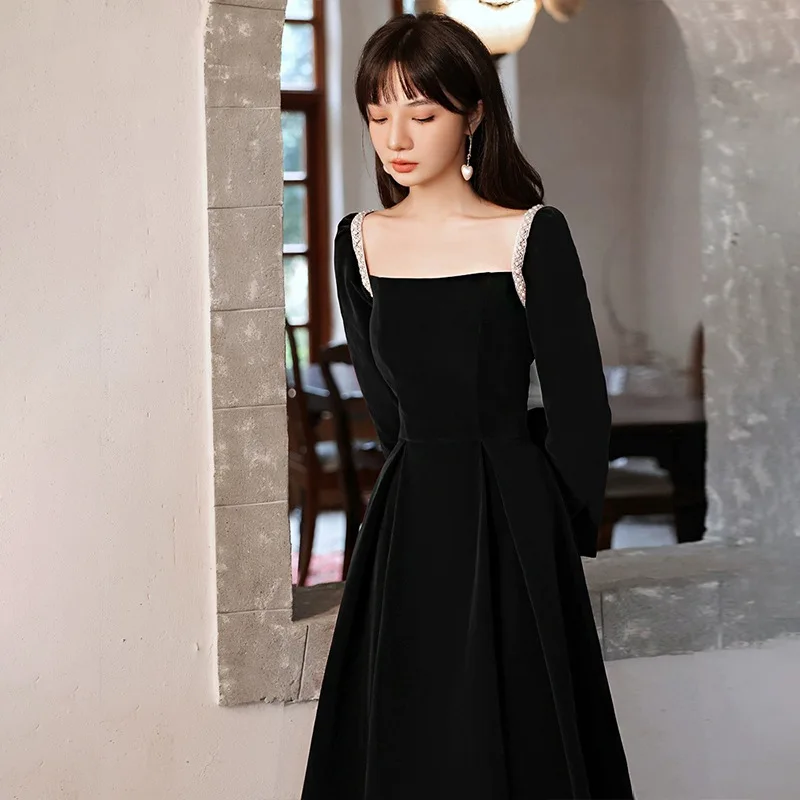

Women Casual Long Sleeve Evening Dress Lady Birthday Square Neck Party Formal Dress