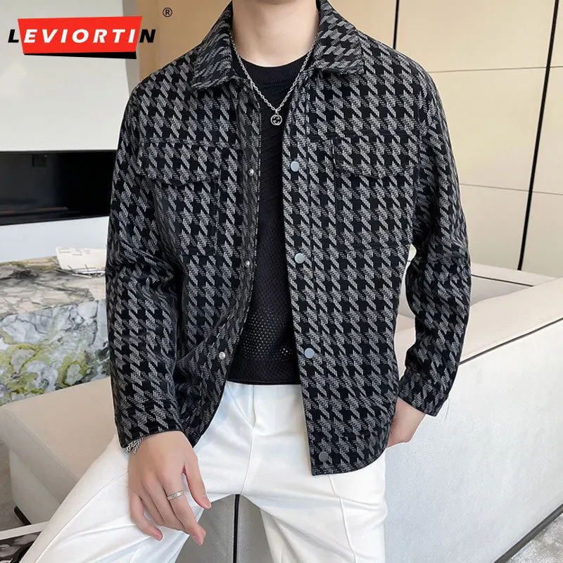 Spring and Autumn Slim Fit Trend Polo Neck Short Striped Woolen Men's Handsome and Slim Coat Korean Yappy British Fashion Top