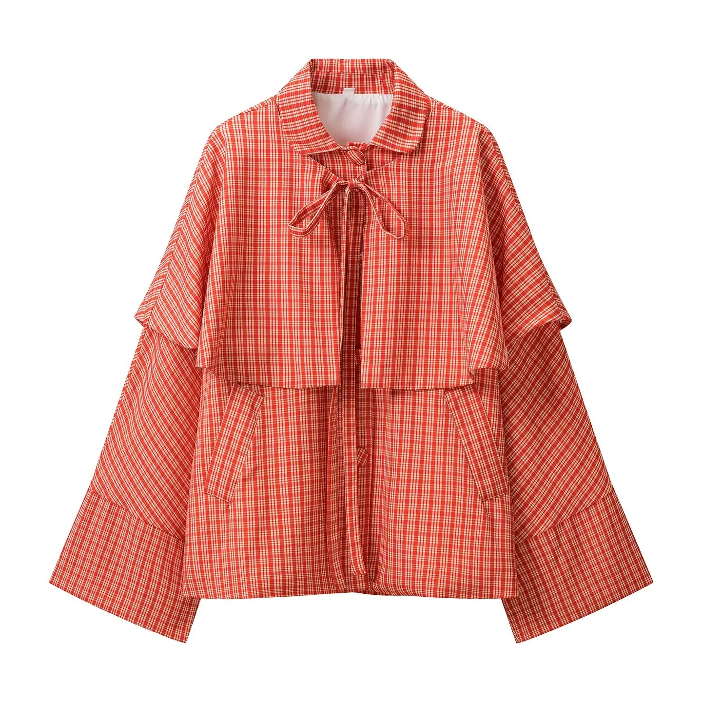 Women's Red Plaid Windbreaker Jacket Double Layered Collar Trench Coat Chic Spring Autumn Loose Fit Long Sleeved