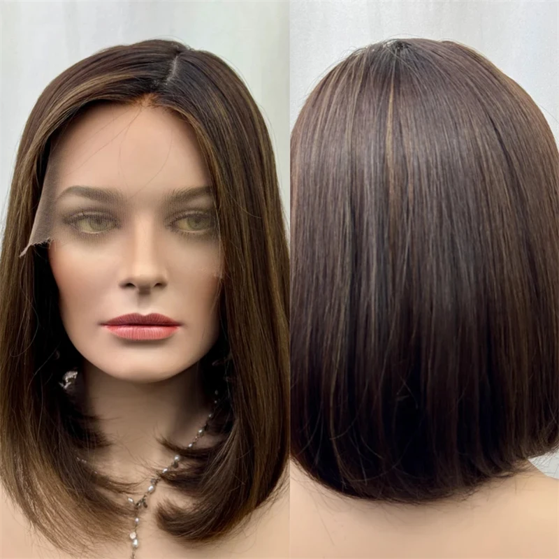 

Pre Plucked Hairline Short Straight Bob 13x4 Ombre Brown Highlight HD Lace Synthetic Premium Fibre Heat Resistant Daily Party