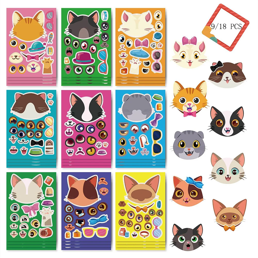 

9/18Sheets Cute Animal Cat Make a Face Puzzle Stickers for Kids Toys Funny Assemble Jigsaw Games Kawaii Decorative Sticker Decal