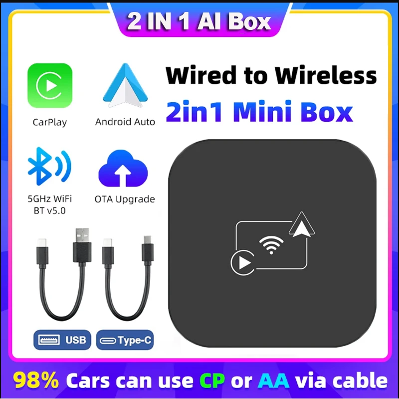 CarPlay AI Box BT WiFi Wireless Carplay Android Auto Adapter 2- in-1 Mini Box Plug&Play for OEM Wired CarPlay/Andriod Auto Cars