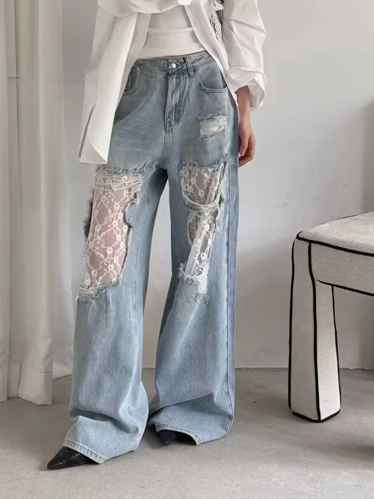 

Women's Y2K American Style High Waist Lace Spliced Denim Pants Loose Wide Leg Trousers Fashion Hottie Hole Patchwork Jeans