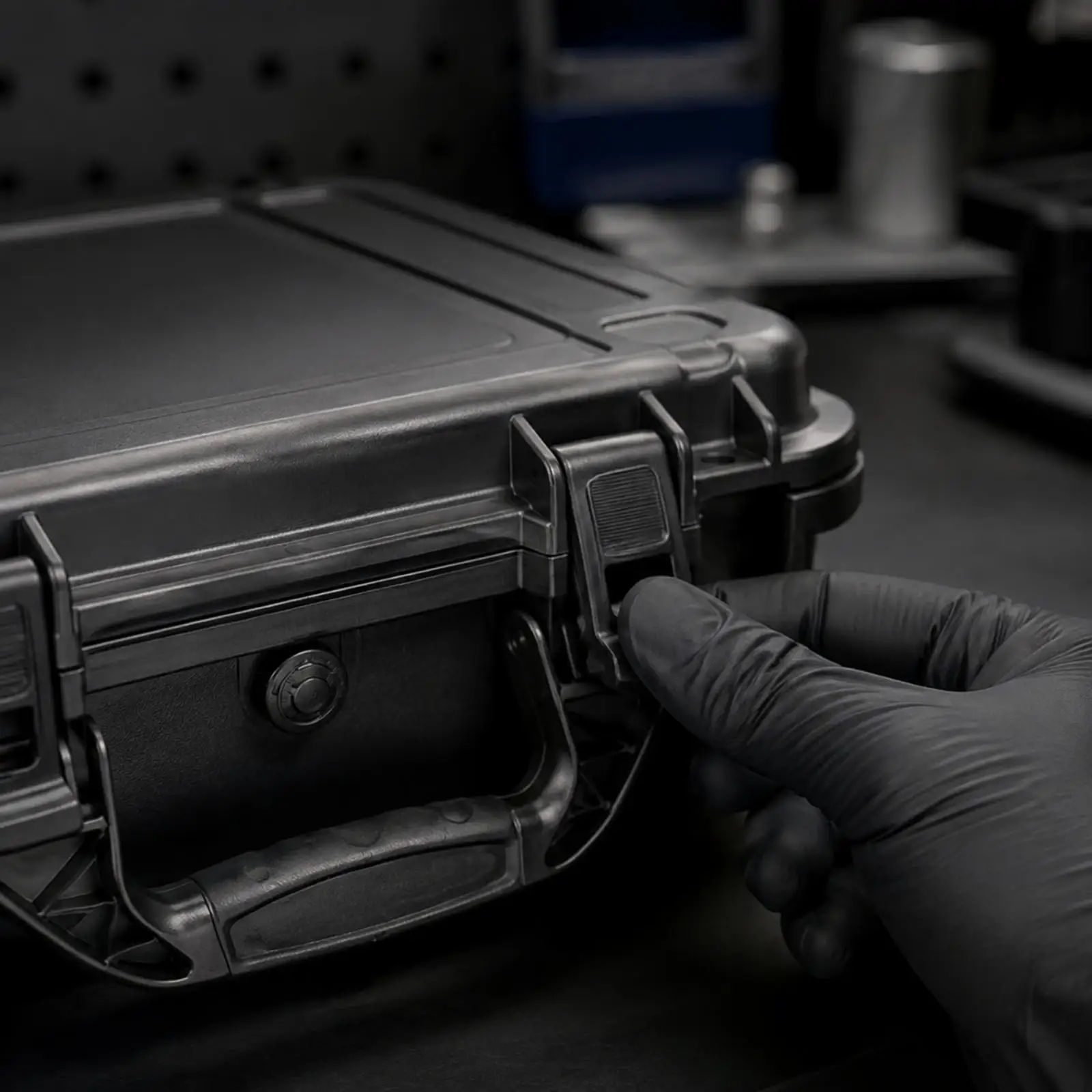 Portable Impact Resistant Waterproof Case with Snap Closures and Folding Handle for Workshop Travel