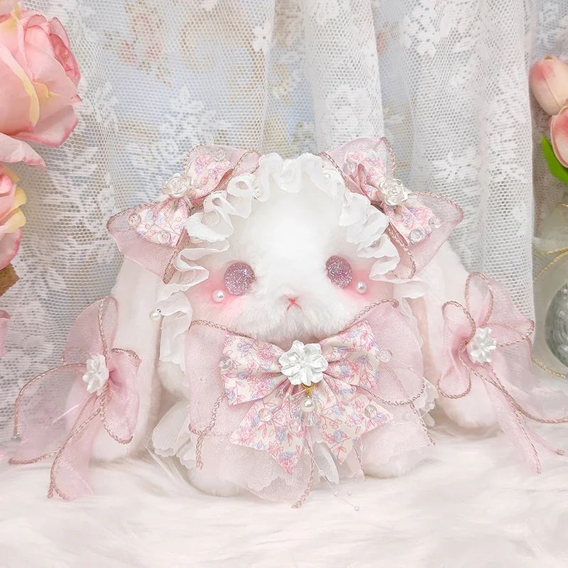 Sweet Lolita lop eared rabbit doll bag original bow cute plush bag Pearl handmade Japanese kawaii cartoon bunny lace bow bags