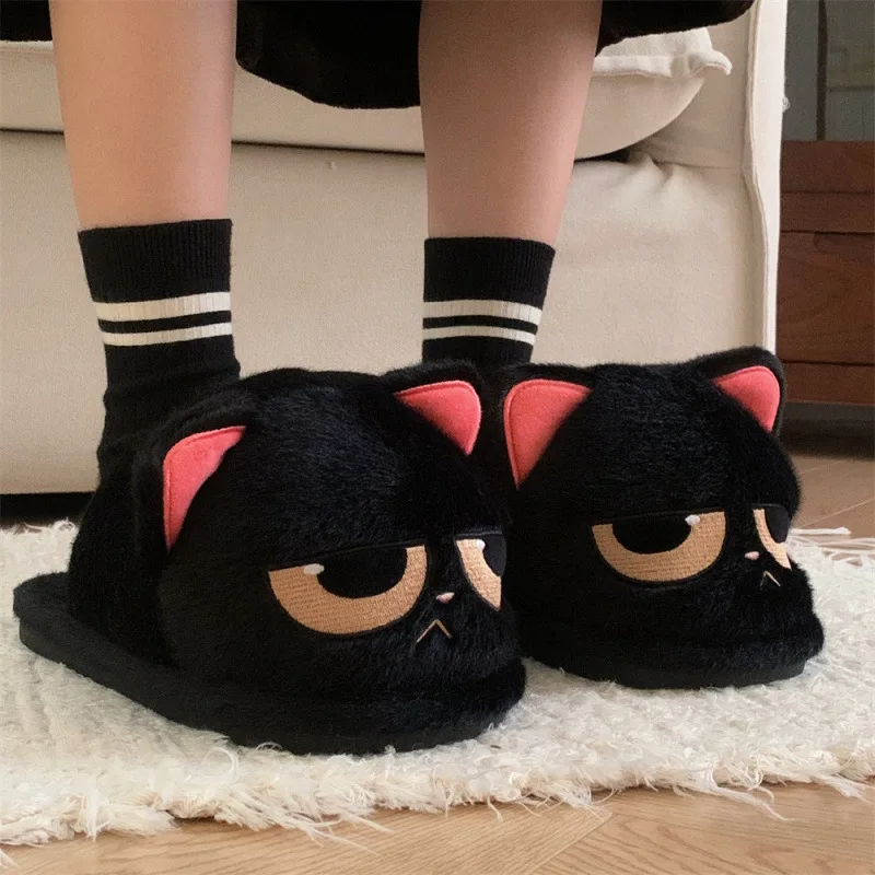 

Latest fuzzy sorrow kitty slippers women's winter animal designer slides shoes home scuff woman big head cat flipper floor shoes