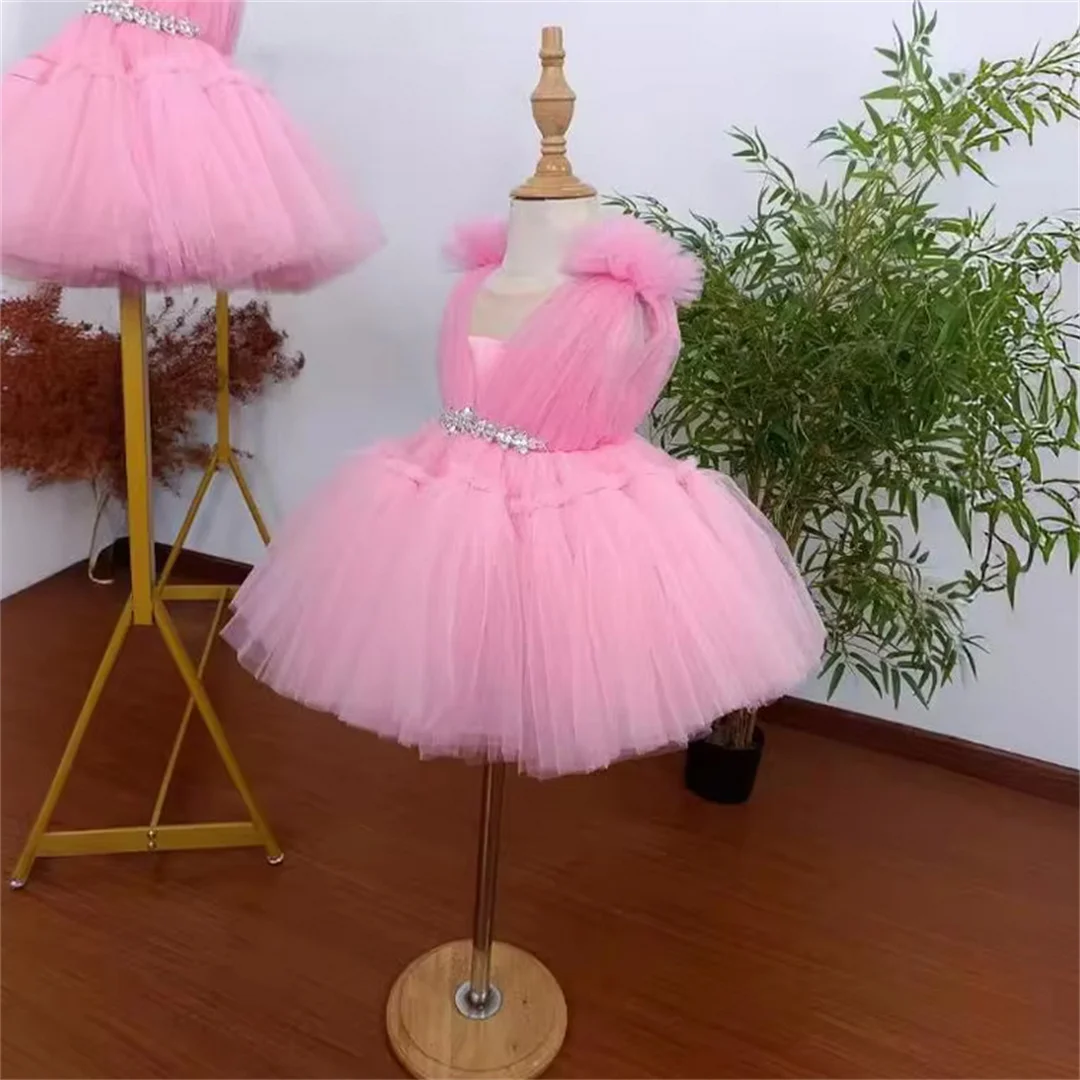 Customized Children's Host Catwalk Ball Gown Sleeveless Beading Design Wedding Birthday Baptism Party Girls Pink Dress