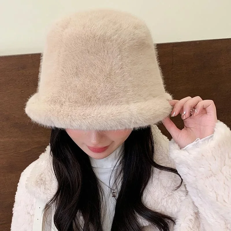 Soft Winter Plush Warm Bucket Hat for Women Girl Solid Color Fordable Wide Brim Panama Cap Outdoor Windproof Tour Basin Hats