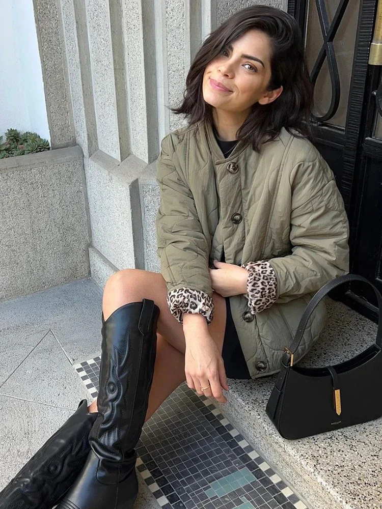Solid Thin Padded Jacket Women Chic O-neck Single Breasted Long Sleeve Pocket Overcoat Autumn Lady Chic Street Outerwear