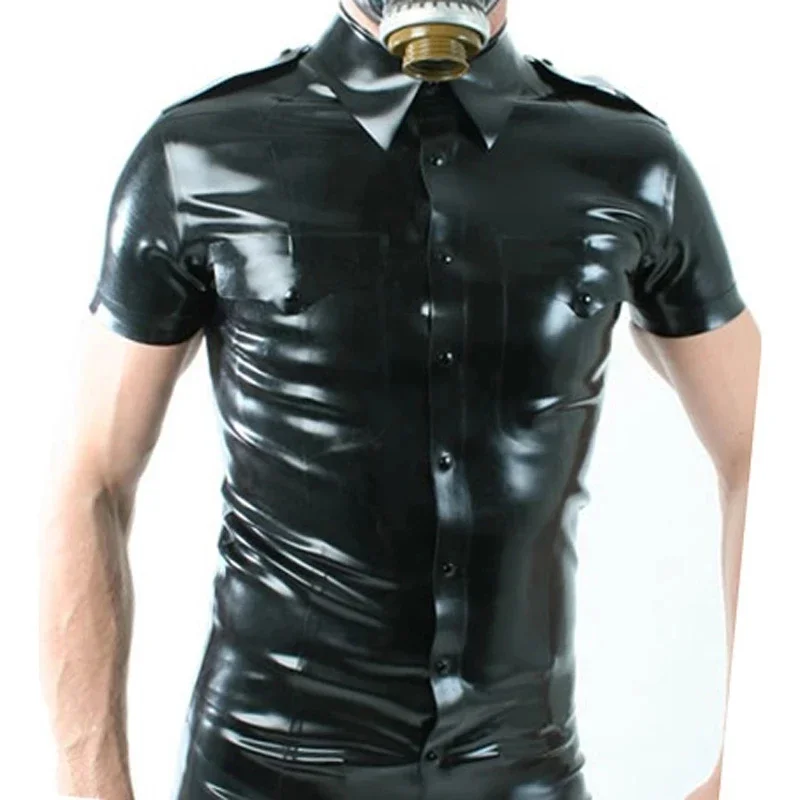 Black Sexy Latex Shirt Military Uniform With Buttons Front 2 Pockets Turn Down Collar Rubber