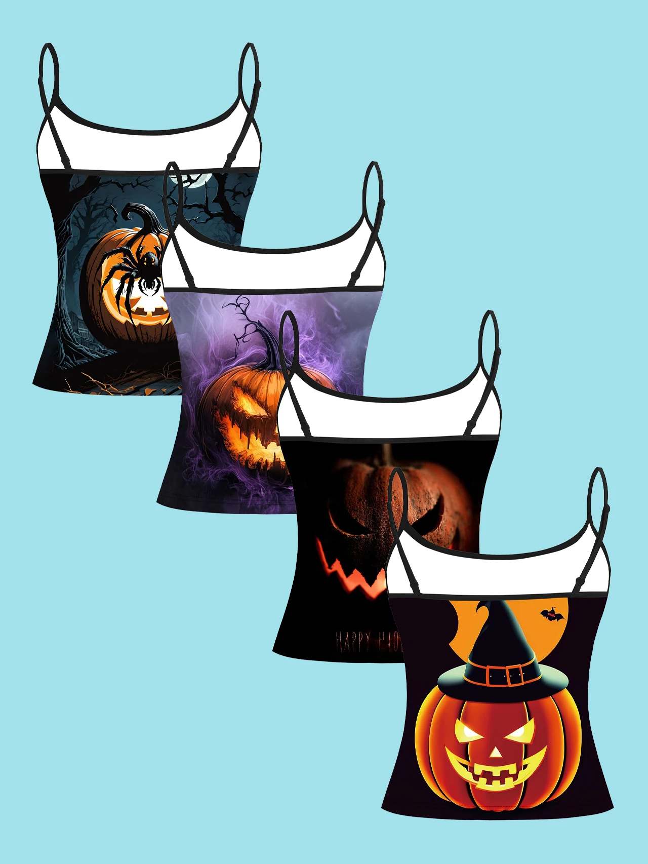 4-Piece Set of Dark Halloween Pumpkin Women's Camisoles with Forest Spider, Purple Smoke, Wizard Hat, Pumpkin, and Bat Prints, Slim-Fit Spaghetti Strap Short Camisole Tops