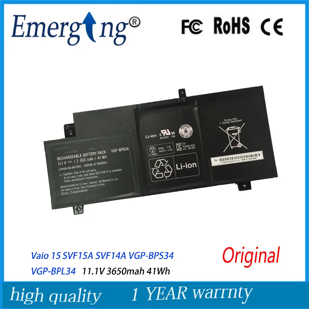 11.1V 41WH New Original Laptop Battery For SONY Vaio Fit 15 SVF15A SVF14A VGP-BPS34 VGP-BPL34