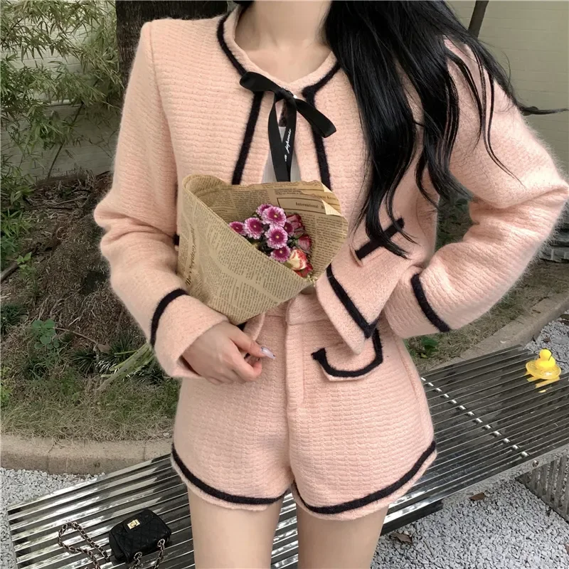 High Quality Autumn Vintage Tweed 2 Piece Set Women Woolen Jacket Coat + shorts pant Sets Ensemble Femme Two Piece Pant Suits