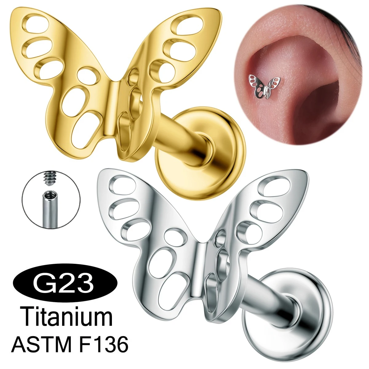G23 Titanium Internally Threaded Cartilage Earring Hollow Butterfly-Shaped Labret Stud Hypoallergenic Tragus Piercing Jewelry