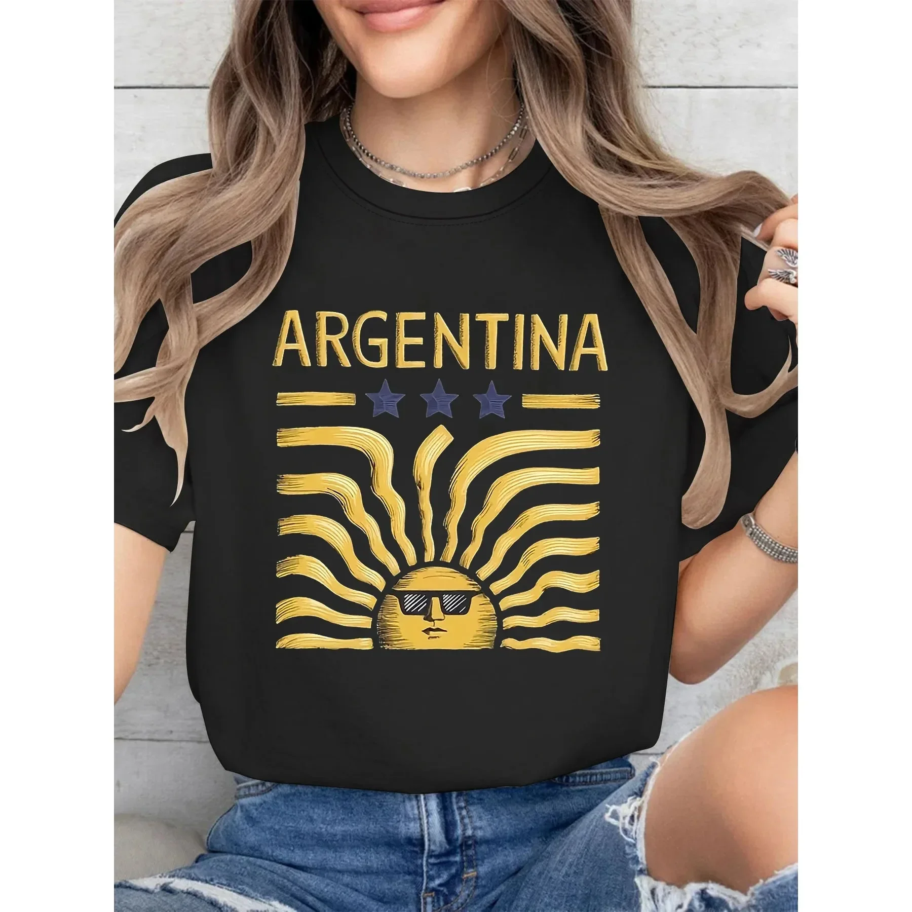 ARGENTINA Letter Print T-shirt Short Sleeve Streetwear Crew Neck Casual Summer Daily Tops Women's Aesthetics Clothing