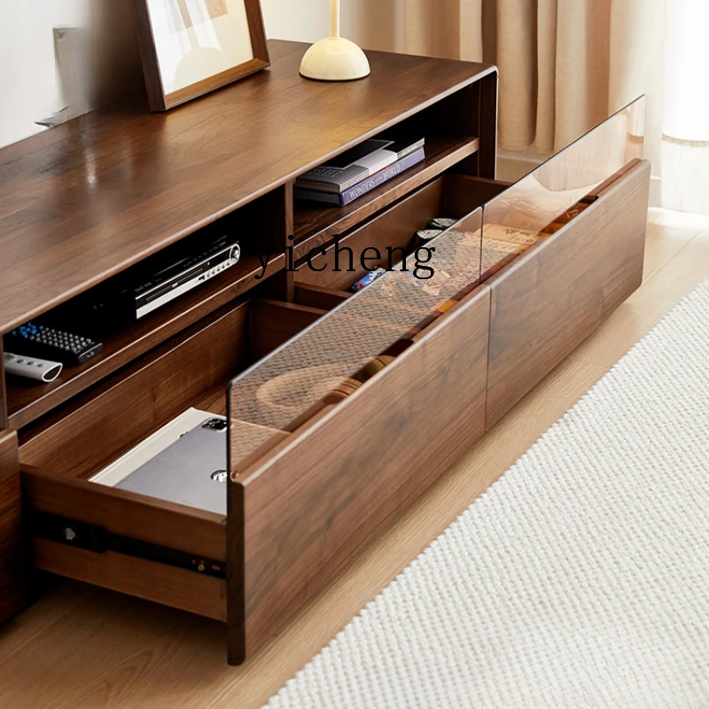 

Zf Nordic Solid Wood TV Cabinet Black Walnut Floor Cabinet Glass Modern Minimalist Living Room Side Cabinet