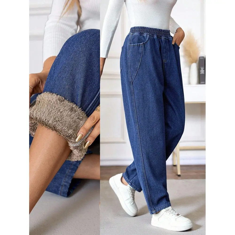 

ROSE Mature Denim Womens LooseFitting Carrot Pants, Dark Blue, Thermal Lined, Long Pants For Autumn And Winter, Warm For Everyda