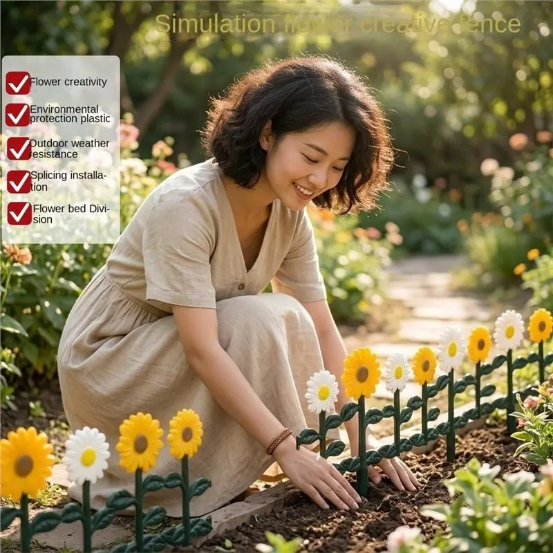AWAH 6Pcs Decorative Sunflower Landscape Path Panels Plastic Edgings Garden Picket Fence Grass Lawn Flowerbeds Plant Borders