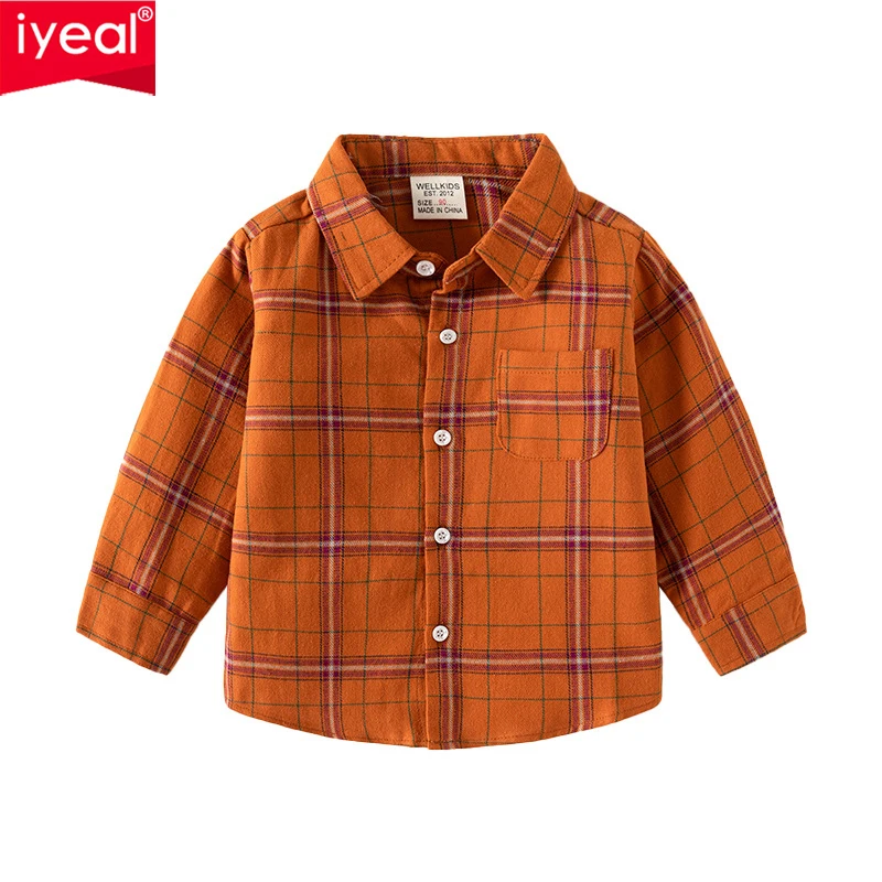 IYEAL Children's Long Sleeved Shirt Kids Boys' Spring and Autumn New Pure Cotton Plaid Shirt Baby Top