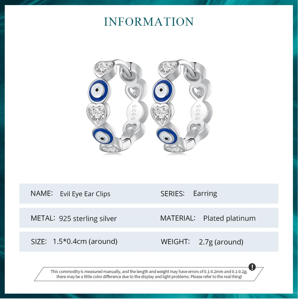 Bamoer 925 Sterling Silver Blue Evil Eye Ear Buckles Heart-shaped Zircon Hoop Earrings for Women Gift Fine Jewelry BSE806