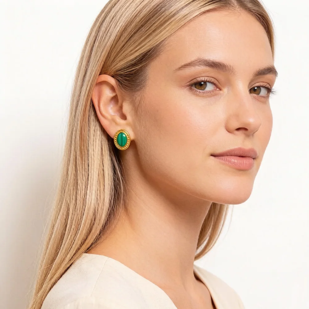 Grüne ovale Stein-Ohrstecker mit goldenen Ohrsteckern, feiner Schmuck im europäischen Stil für Frauen, brandneues Vintage-Geschenk aus 925er Sterlingsilber – Detail 1