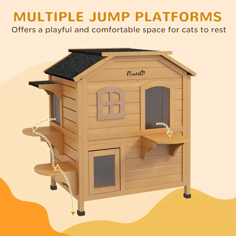 pawhut 2-story cat house outdoor, weatherproof wooden cat enclosure for feral cats with escape door, openable roof, jumping plat view 6