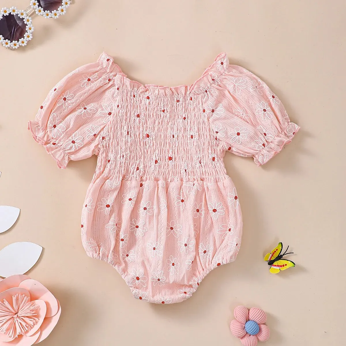 Summer Refreshing Baby Girl Cotton Small Wrinkled Chrysanthemum Bubble Sleeve Pajamas Triangle Crawling Suit Comfortable