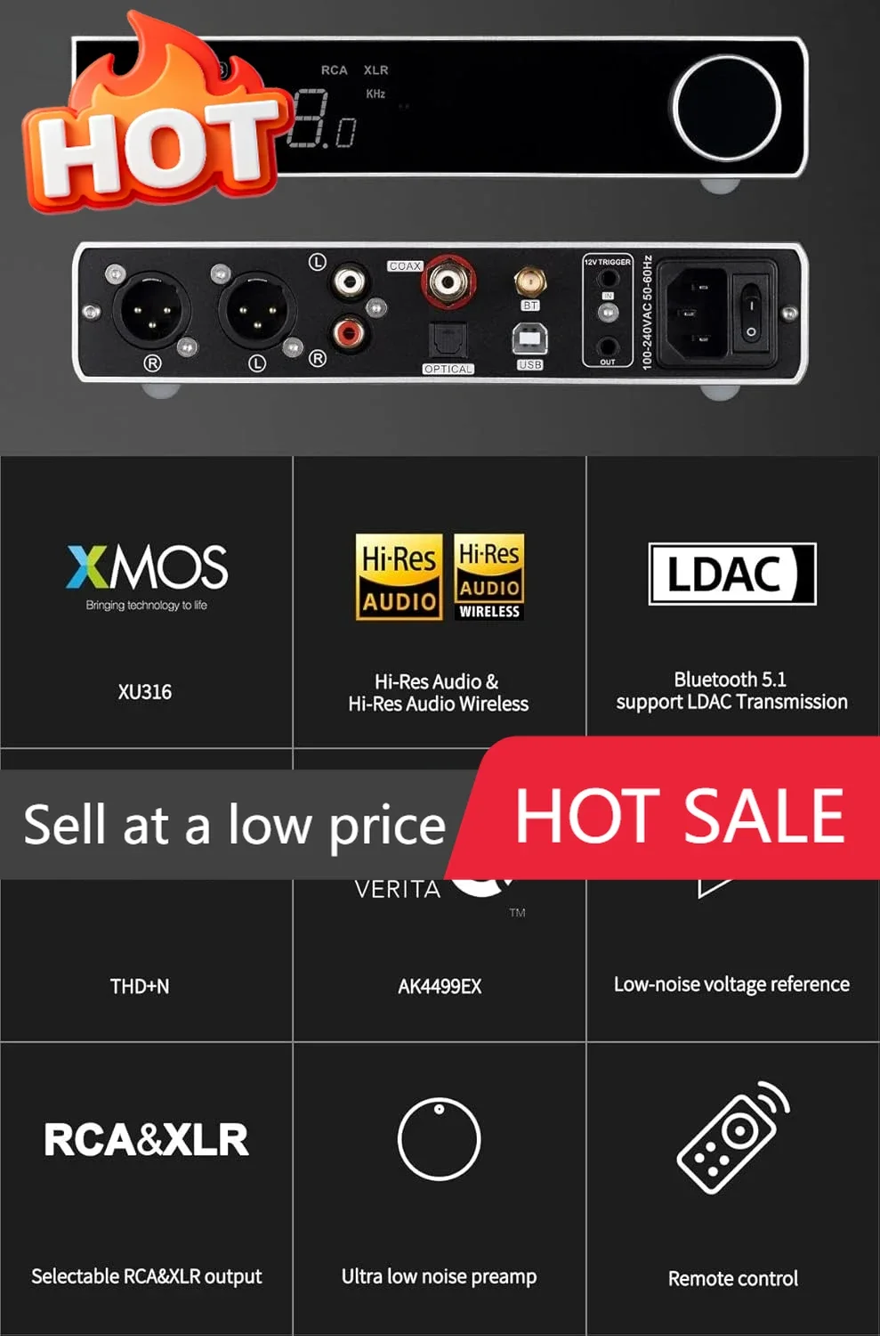 

Аудиоприемник Bluetooth 5.1 LDAC Hi-Res XU316 32 бит/768 кГц DSD512 с входами BT/USB/Coax/Opt, выходами RCA/XLR, Hi-Fi стерео, цифро-аналоговый преобразователь