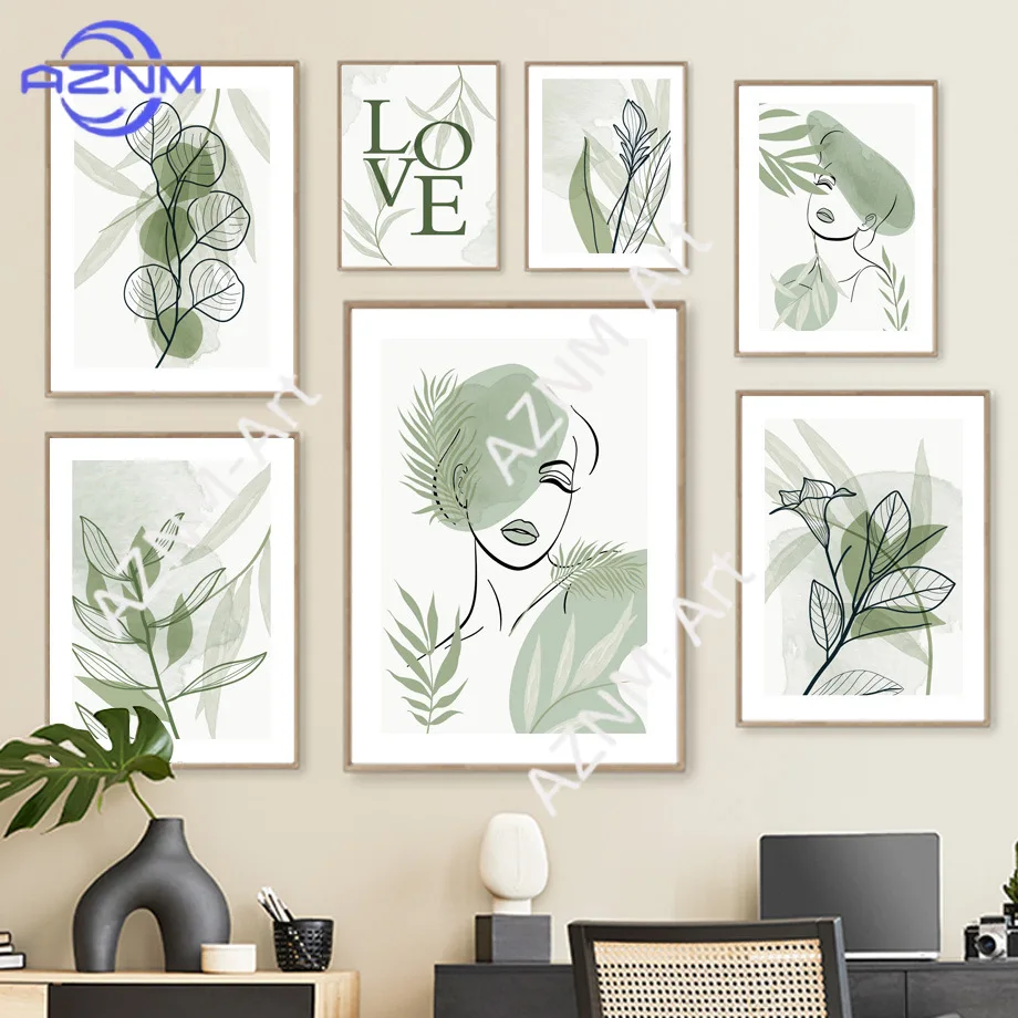 1 Stück, einfache Pflanzen, kleine, frische, dekorative Gemälde für das Wohnzimmer, Linienmalerei, moderne grüne Blätter, Pflanzen, geometrische Bilder