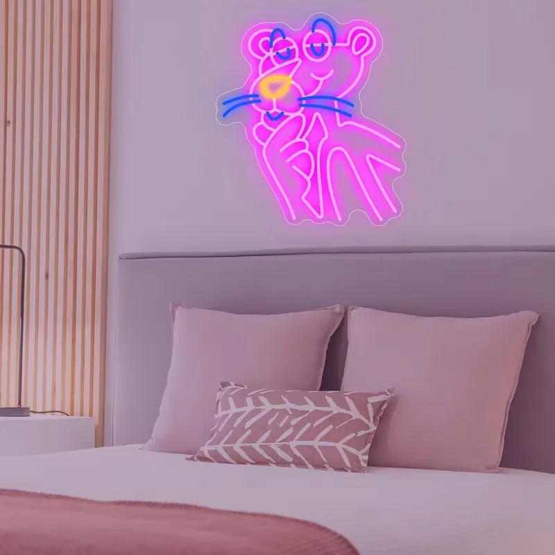 Barre lumineuse LED néon panthère rose, dessin animé, décoration de célébrités d'internet, lumière murale créative d'ambiance pour salle